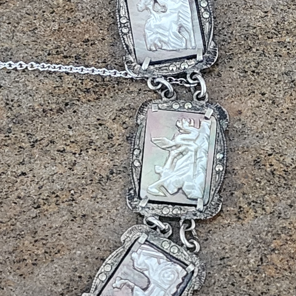 Antique Art Deco Mother Of Pearl Cameo Sterling Silver Bracelet Marcasite - Picture 6 of 10